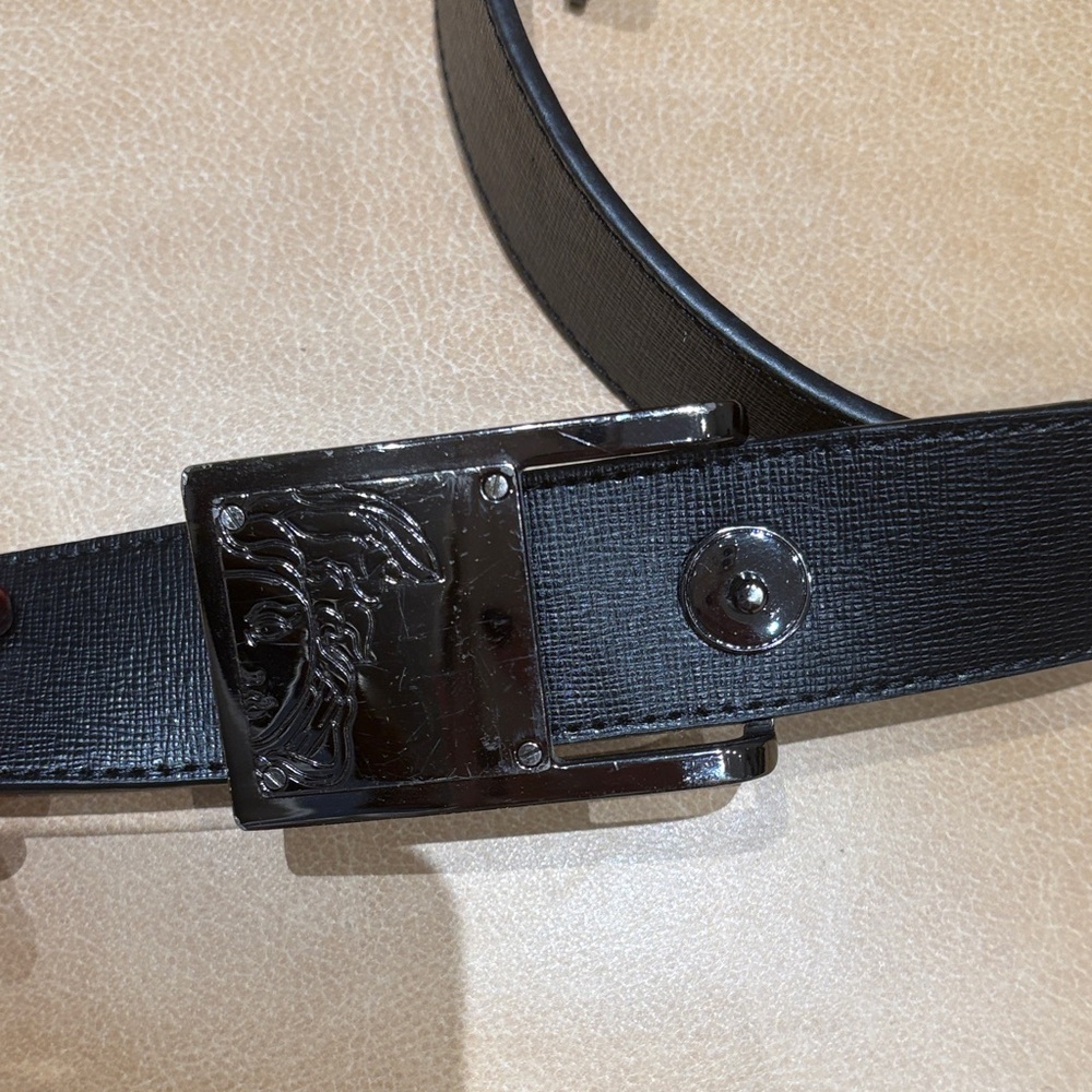 Versace Black Leather Belt with Silver Buckle